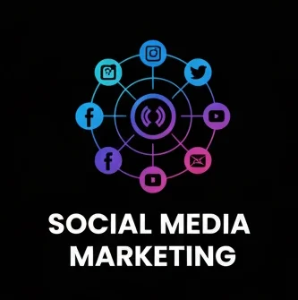 Social media marketing job logo representing content creation, brand growth, and audience engagement