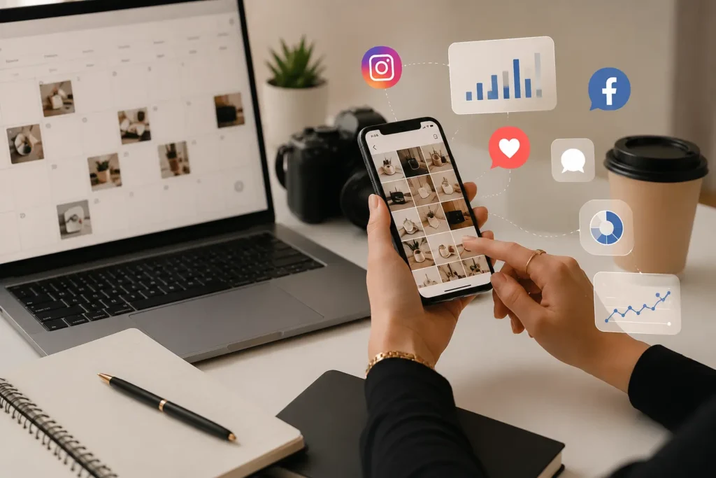 Person using a smartphone to manage Instagram content with a content calendar, social media analytics, and marketing icons displayed on a modern workspace.