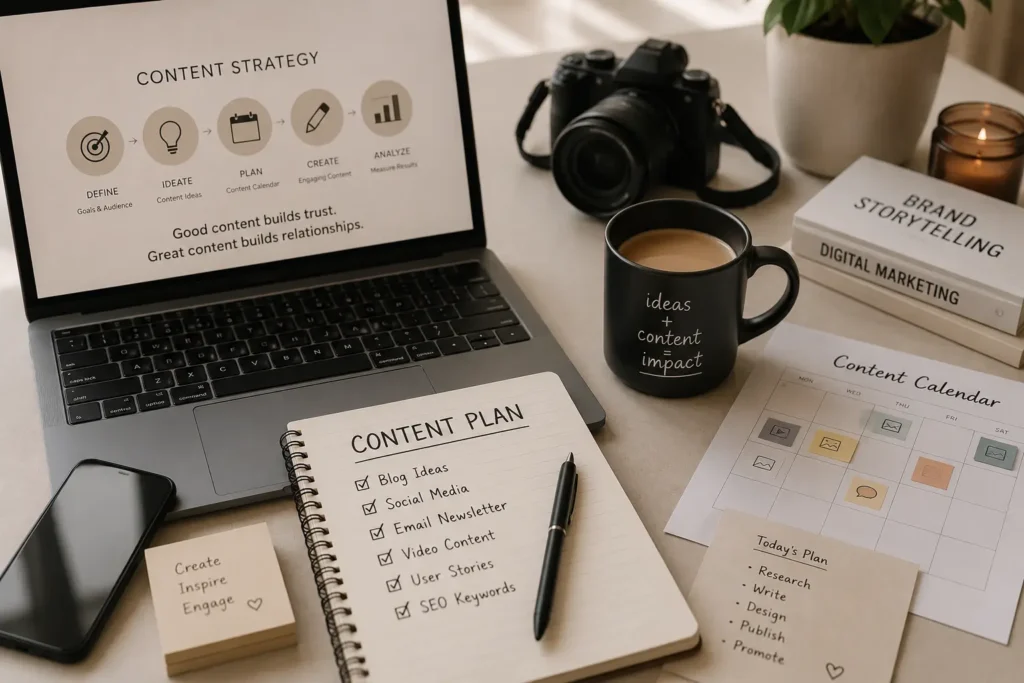 Content strategy workspace featuring a laptop with a marketing plan, content calendar, notebook, smartphone, camera, and digital marketing resources on a modern desk.
