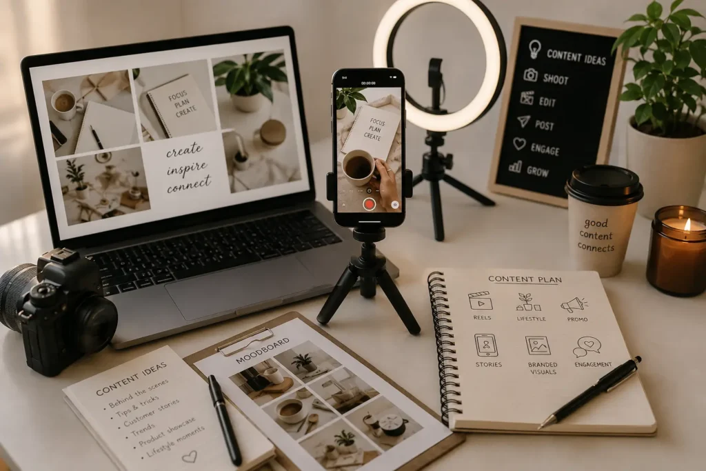 Content creator workspace with a smartphone on a tripod, ring light, laptop, camera, mood board, and content planning notebook for social media marketing.