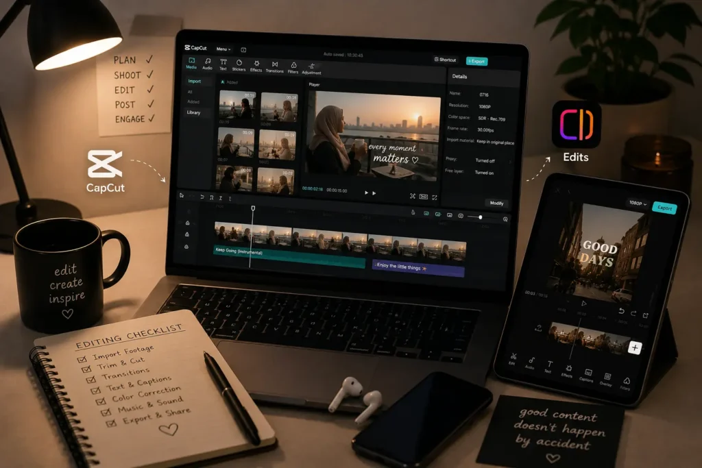 Professional video editing workspace featuring CapCut on a laptop and tablet, editing checklist, smartphone, and creative tools for social media content production.
