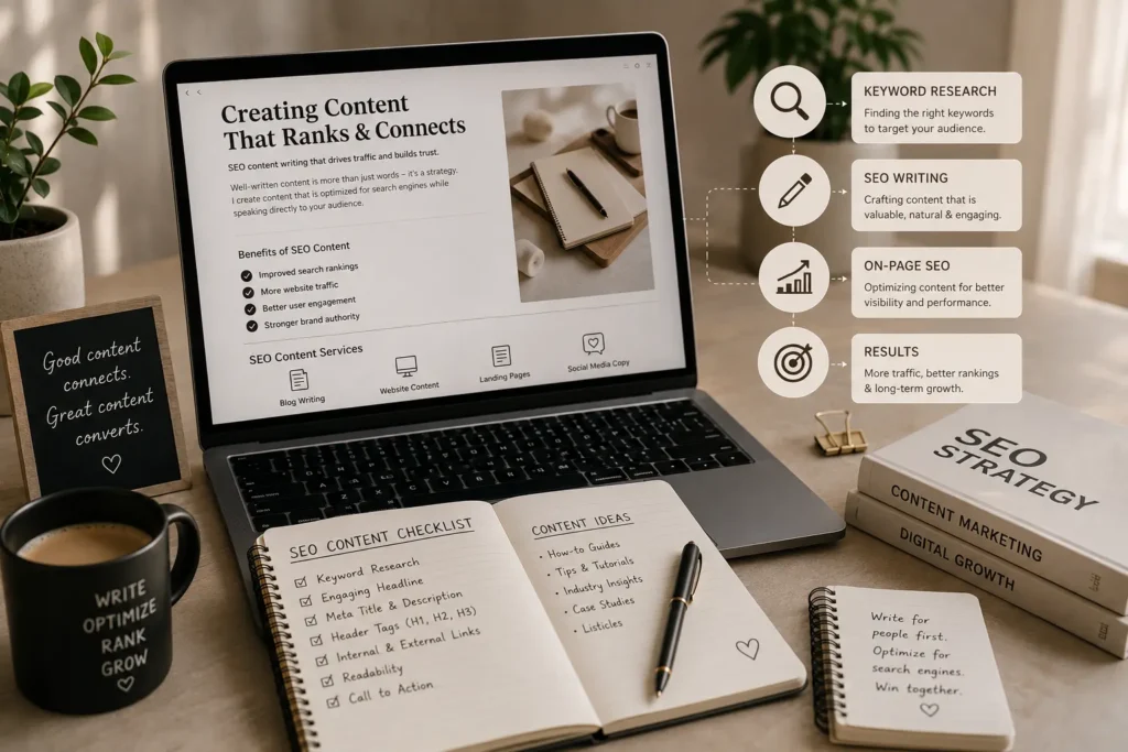 SEO content writing workspace featuring a laptop with SEO content, keyword research, content planning notebook, and digital marketing resources for search engine optimization.