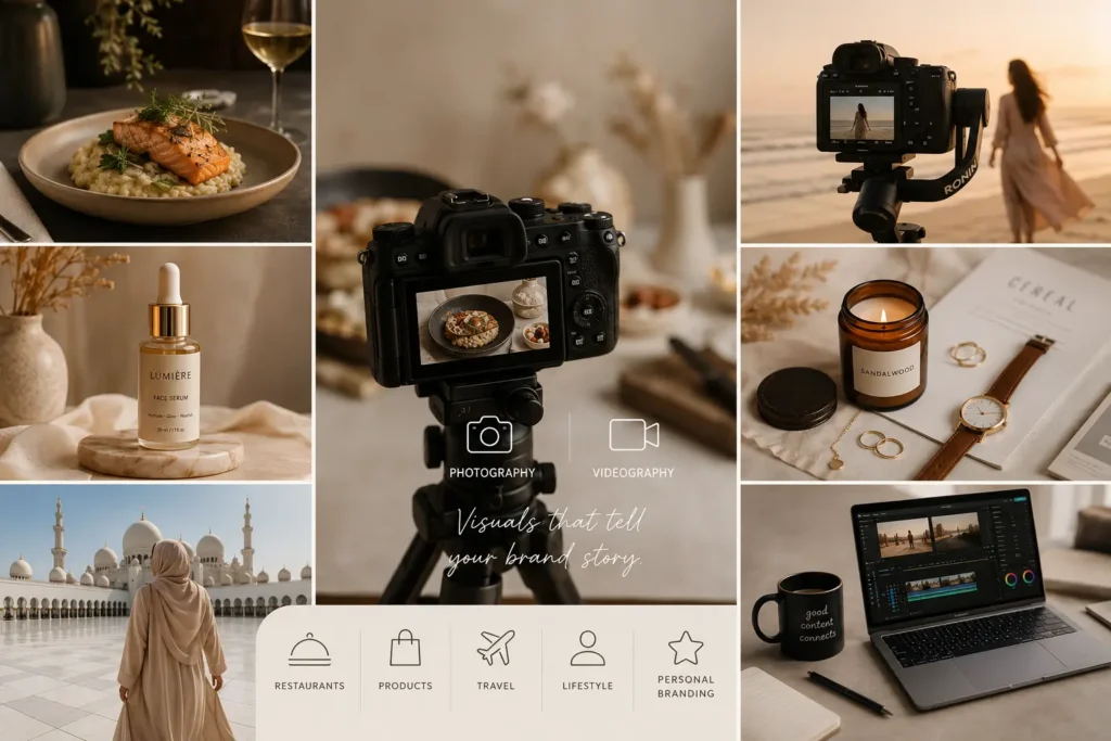 Professional photography and videography collage featuring product photography, food photography, travel content, lifestyle visuals, video editing, and brand storytelling.