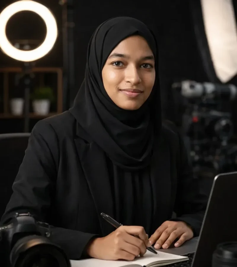 Faaiza Maryam, Brand Visual Content Creator in Abu Dhabi, holding a professional camera and notebooks in a modern office setting.