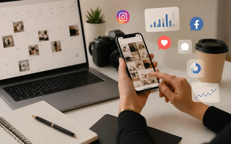 Person using a smartphone to manage Instagram content with a content calendar, social media analytics, and marketing icons displayed on a modern workspace.