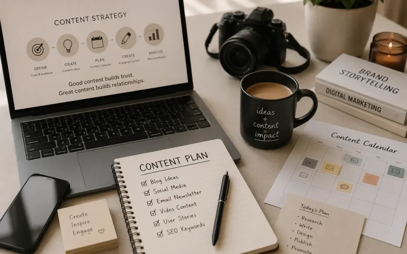 Content strategy workspace featuring a laptop with a marketing plan, content calendar, notebook, smartphone, camera, and digital marketing resources on a modern desk.
