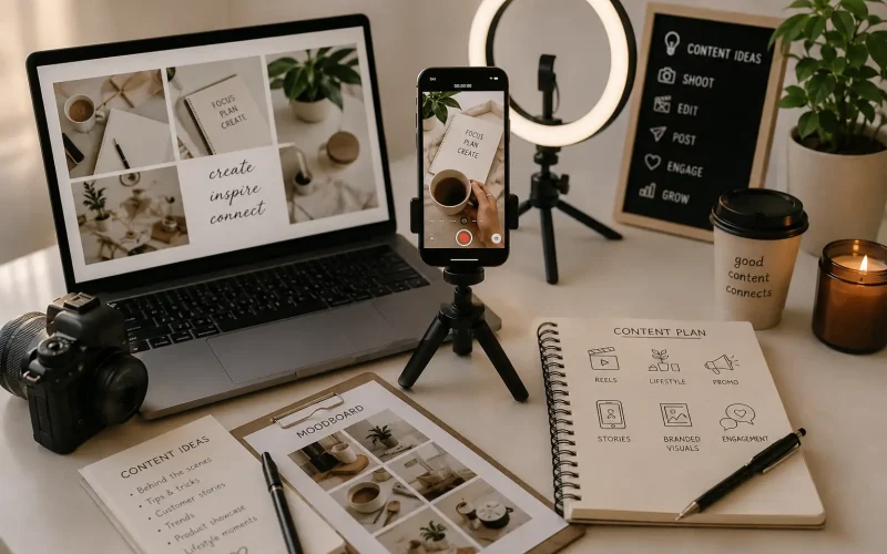 Content creator workspace with a smartphone on a tripod, ring light, laptop, camera, mood board, and content planning notebook for social media marketing.