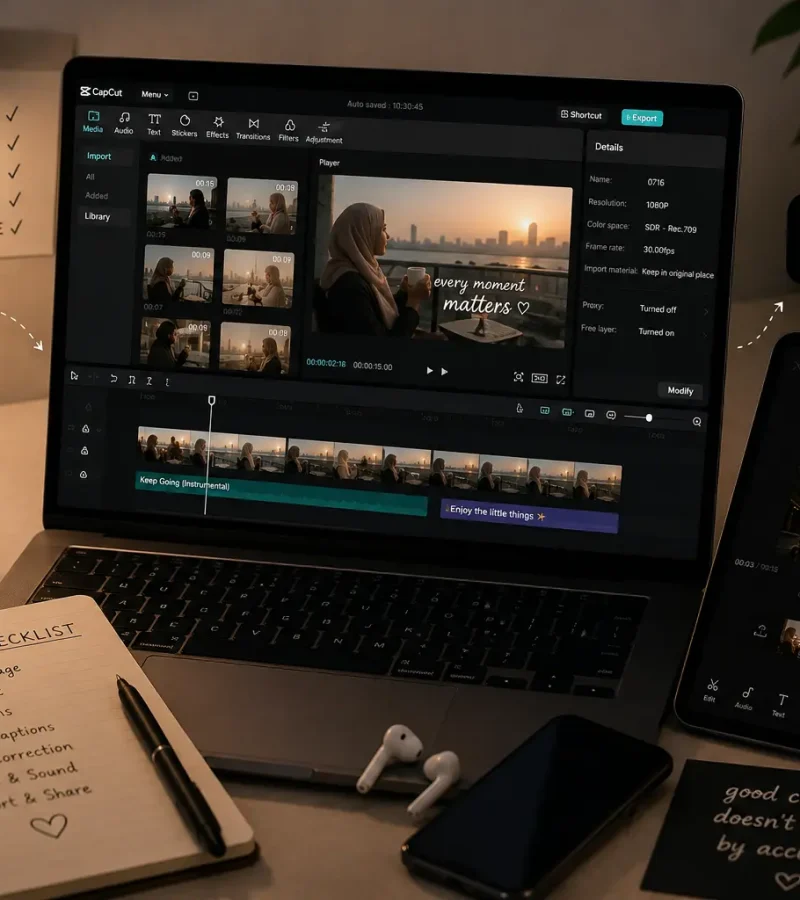 Professional video editing workspace featuring CapCut on a laptop and tablet, editing checklist, smartphone, and creative tools for social media content production.