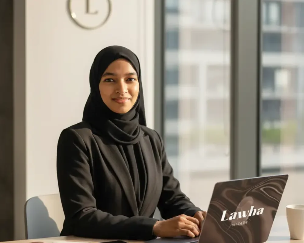 Lawha Hijab business owner working at a modern office desk with laptop and brand logo