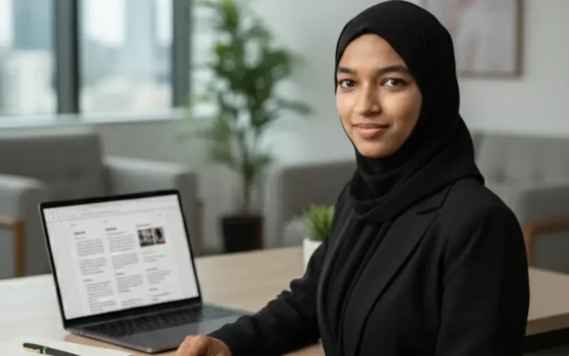 Professional content writer wearing a black hijab and blazer, working on a laptop with written drafts and documents in a modern workspace.