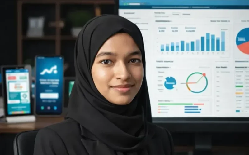 Professional digital marketer wearing a black hijab and blazer, working on a laptop with digital marketing analytics displayed in a modern workspace.