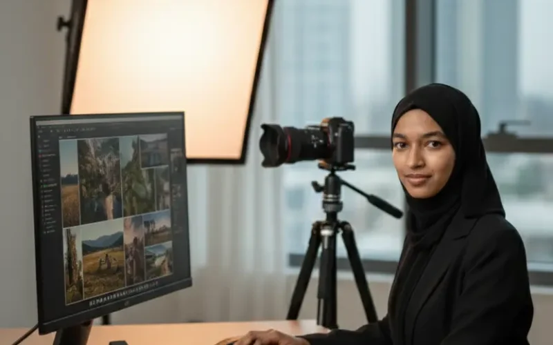 Freelance photographer wearing a black hijab and blazer, working in a creative photography workspace with camera equipment and editing setup.