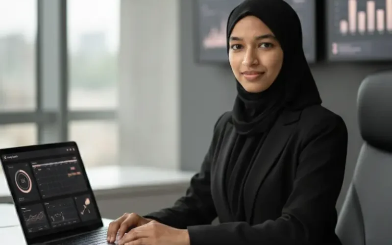 Professional social media marketer wearing a black hijab and blazer, working on a laptop with social media analytics and engagement dashboards in a modern workspace.